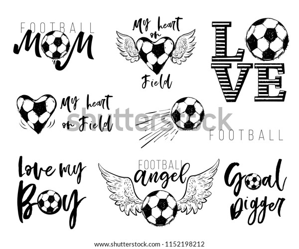 Football fan t-shirt design ыуе. Graphic\
black sketch with european football or soccer ball and text on\
white background. Vector\
illustration.