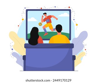 Football fan watches tv. Man and woman sitting at sofa and watching sport event. Supporters for team in competition and tournament. Cartoon flat vector illustration isolated on white background