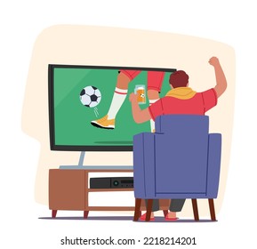 Football Fan Watching Match at Home on Tv Sitting on Couch Rear View. Excited Man with Beer Cup Cheering for Favorite Team. Male Characters Soccer Supporter. Cartoon People Vector Illustration