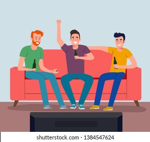 Football fan watching soccer on the TV. Vector flat style illustration