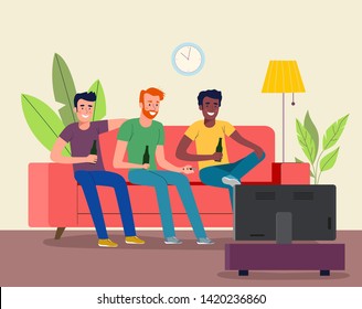 Football Fan Watching Soccer On The TV In The Living Room. Vector Flat Style Illustration