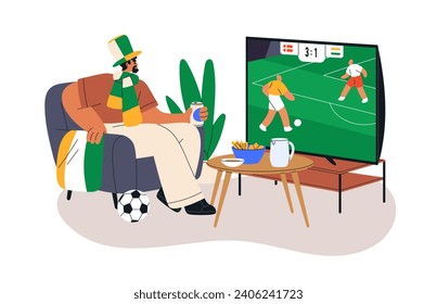 Football fan watching sport match, game on TV. Man supporting, cheering for soccer on television screen, sitting with snacks at home. Flat graphic vector illustrations isolated on white background