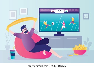 Football fan watching TV, celebrating victory, goal, winning score. Excited man cheering for favorite team. Male character soccer supporter. Happy guy watch match, championship on screen. flat vector