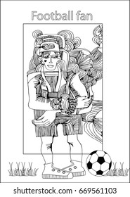 A football fan who is in pain for his favorite team.  Black and white vector illustration.