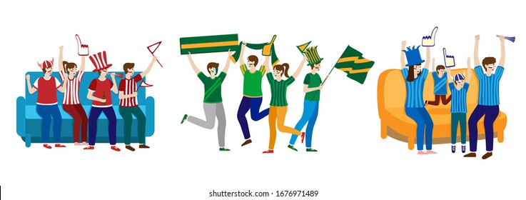 Football fanatic crowd having sport festivity on hand drawn vector illustration isolated on white. Fans rejoice with flags, horn, scarf. Soccer happy cheerleader group with people scream cheer, noise