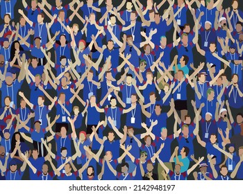 Fußballfanatiker voll von Anhängern in Blau. Fußballfans auf der Tribüne 