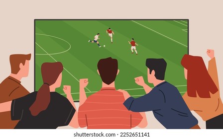 Football fans back view. People watch match, television translation, happy friends cheer for favorite sport team, championship live broadcast, sports fans, nowaday vector cartoon flat set