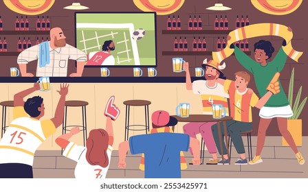 Football fans bar. Soccer fan supporters watching tv match game and drink alcohol in sport club restaurant or beer pub, people celebrating cheering goal classy vector illustration original artwork