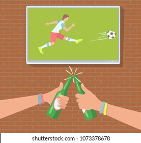 Football fans in the bar. Soccer fans watch the match on TV. Hands toasting with bottles of beer. Vector illustration EPS-8.