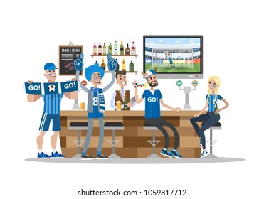 Football fans in bar with fans stuff.