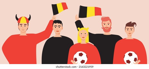 Football fans from Belgium. Crowd of people with flags of Belgium. Flat vector stock illumination. Cheering group of spectators. Football competition