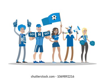 Football fans with blue. Team standing on white.