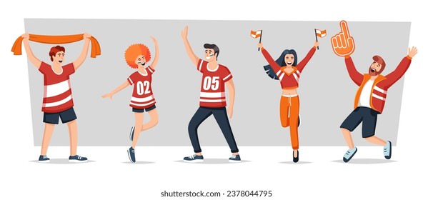 football fans. cartoon supporters group characters soccer sport national championship competition squad. vector cartoon characters flat collection.