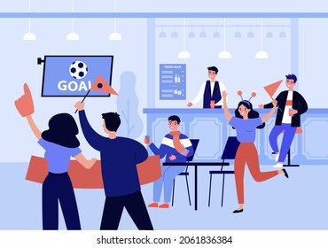 Football fans celebrating goal in bar with beer. Happy people watching soccer match on TV flat vector illustration. Sport, celebration of victory concept for banner, website design or landing web page