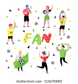 Football Fans Celebrating Victory. Funny Characters Sport Supporters. Group of People Supporting on Match with Flag and Scarf. Vector illustration