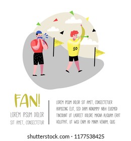 Football Fans Celebrating Victory Poster, Banner. Funny Characters Sport Supporters. Group of People Supporting on Match with Flag and Scarf. Vector illustration