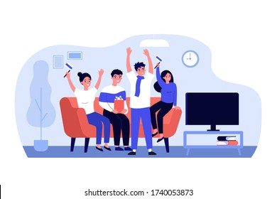 Football fans, championship, leisure at home concept. Group of friends sitting on couch, watching soccer match on TV, supporting national team. Flat vector illustration