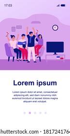 Football fans, championship, leisure at home concept. Group of friends sitting on couch, watching soccer match on TV, supporting national team. Flat vector illustration