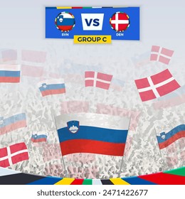 Football fans cheering with flags for the match between Slovenia and Denmark. Sport illustration for football competition in Europe. Vector template.