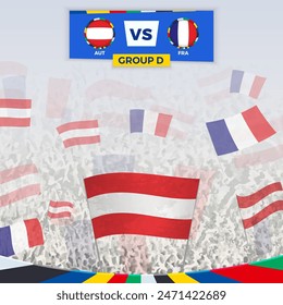 Football fans cheering with flags for the match between Austria and France. Sport illustration for football competition in Europe. Vector template.