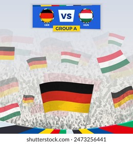 Football fans cheering with flags for the match between Germany and Hungary. Sport illustration for football competition in Europe. Vector template.