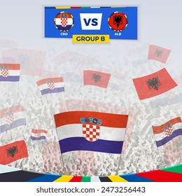Football fans cheering with flags for the match between Croatia and Albania. Sport illustration for football competition in Europe. Vector template.