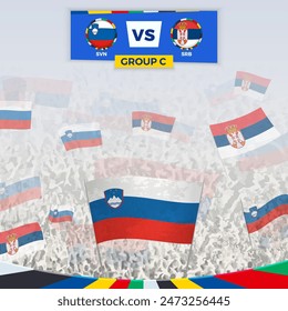 Football fans cheering with flags for the match between Slovenia and Serbia. Sport illustration for football competition in Europe. Vector template.