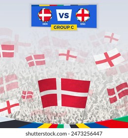 Football fans cheering with flags for the match between Denmark and England. Sport illustration for football competition in Europe. Vector template.