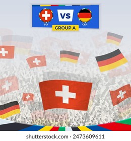 Football fans cheering with flags for the match between Switzerland and Germany. Sport illustration for football competition in Europe. Vector template.
