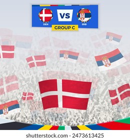 Football fans cheering with flags for the match between Denmark and Serbia. Sport illustration for football competition in Europe. Vector template.