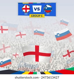 Football fans cheering with flags for the match between England and Slovenia. Sport illustration for football competition in Europe. Vector template.