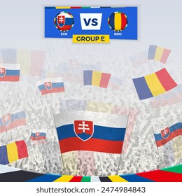 Football fans cheering with flags for the match between Slovakia and Romania. Sport illustration for football competition in Europe. Vector template.