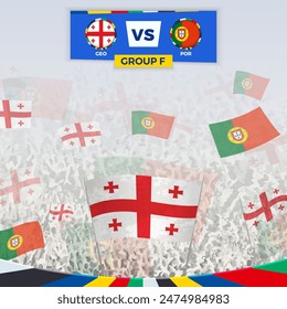 Football fans cheering with flags for the match between Georgia and Portugal. Sport illustration for football competition in Europe. Vector template.