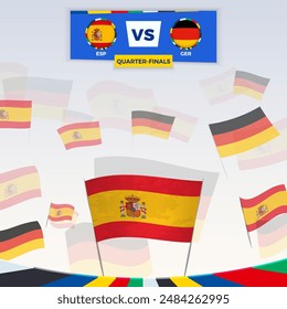 Football fans cheering with flags for the match between Spain vs Germany. Sport illustration for football competition. Vector template.