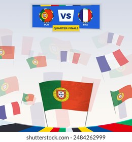 Football fans cheering with flags for the match between Portugal vs France. Sport illustration for football competition. Vector template.