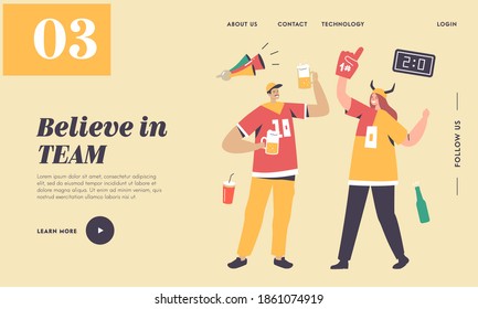 Football Fans Cheering for Team Victory and Success Landing Page Template. Characters with Funny Attribution, Beer and Uniform Rejoice and Jumping on Soccer Match. Linear People Vector Illustration