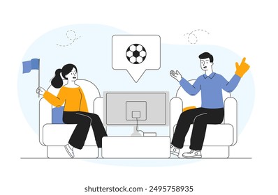 Football fans concept. Man and woman sit in front of TV and watch tournament and competition. Entertainment, fun and leisure. Sportive event. Linear vector illustration isolated on white background