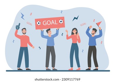 Football fans concept. Men and women celebrate goal. Active lifestyle and sports, team support. Group of characters cheering and screaming during match. Cartoon flat vector illustration