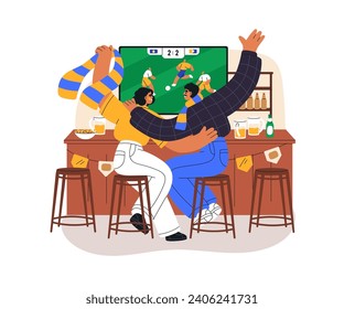 Football fans couple watching soccer match on TV screen in pub. Happy man and woman cheering, celebrating score, sitting, drinking beer in bar. Flat vector illustration isolated on white background