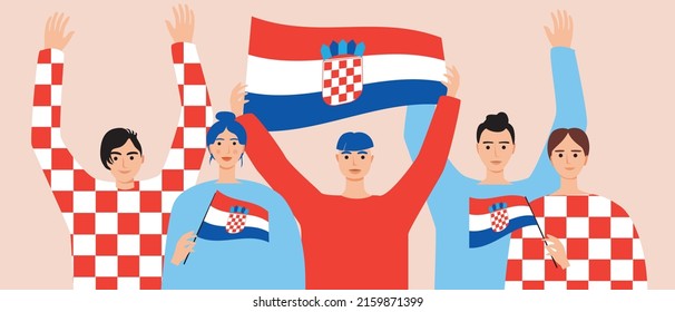 Football fans from Croatia. Crowd of people with flags of Croatia. Flat vector stock illumination. Cheering group of spectators. Football competition