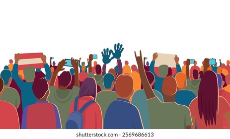 Football fans crowds. Soccer fans cheering their team with colorful flags at crowded stadium. Cartoon vector isolated on white background.