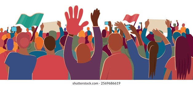 Football fans crowds. Soccer fans cheering their team with colorful flags at crowded stadium. Cartoon vector isolated on white background.