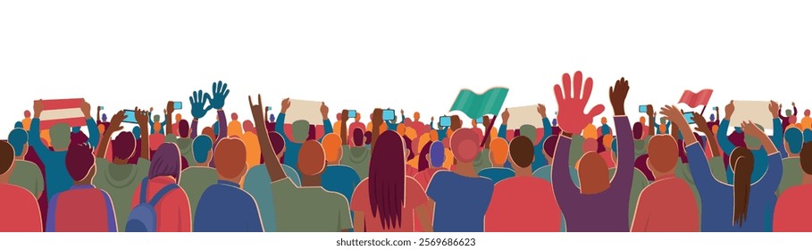 Football fans crowds. Soccer fans cheering their team with colorful flags at crowded stadium. Cartoon vector isolated on white background.