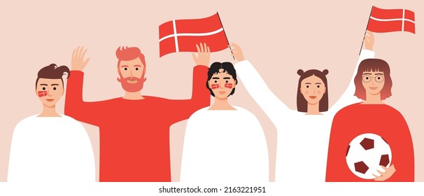 Football fans from Denmark. Crowd of people with flags of Denmark. Flat vector stock illumination. Cheering group of spectators. Football Championship