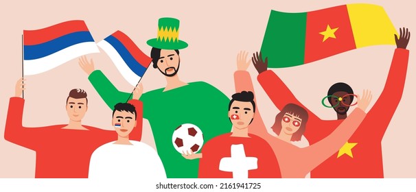 Football fans with flag brazil, Serbia, Switzerland, Cameroon. Flat vector stock illustration. Concept of championship. crowd of football spectators. Support for G fans