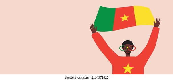 Football fans with flag of Cameroon. Flat vector stock illustration. Concept of person in costume at championship. Copy space template with space for text