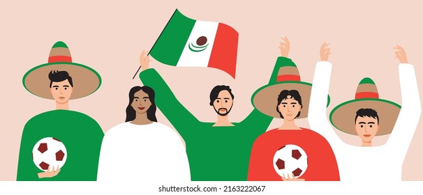 Football fans with flag of Mexico. Flat vector stock illustration. Concept of fan support. crowd of football spectators in sombrero hats