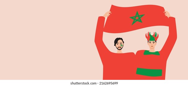 Football fans with flag of Morocco. Flat vector stock illustration. Concept of championship or game. Copy space template with space for text
