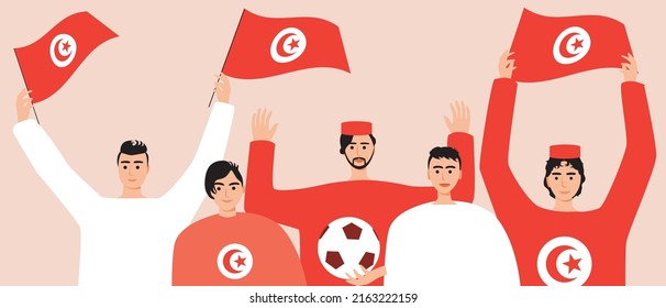 Football fans with flag of Tunisia. Flat vector stock illustration. Concept of African sports at championship. crowd of football spectators