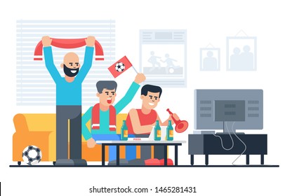Football fans flat vector illustration. Sport fans with soccer attributes cheering for team. Men watching match on TV sitting on home couch and drinking beer. Guys having fun cartoon characters